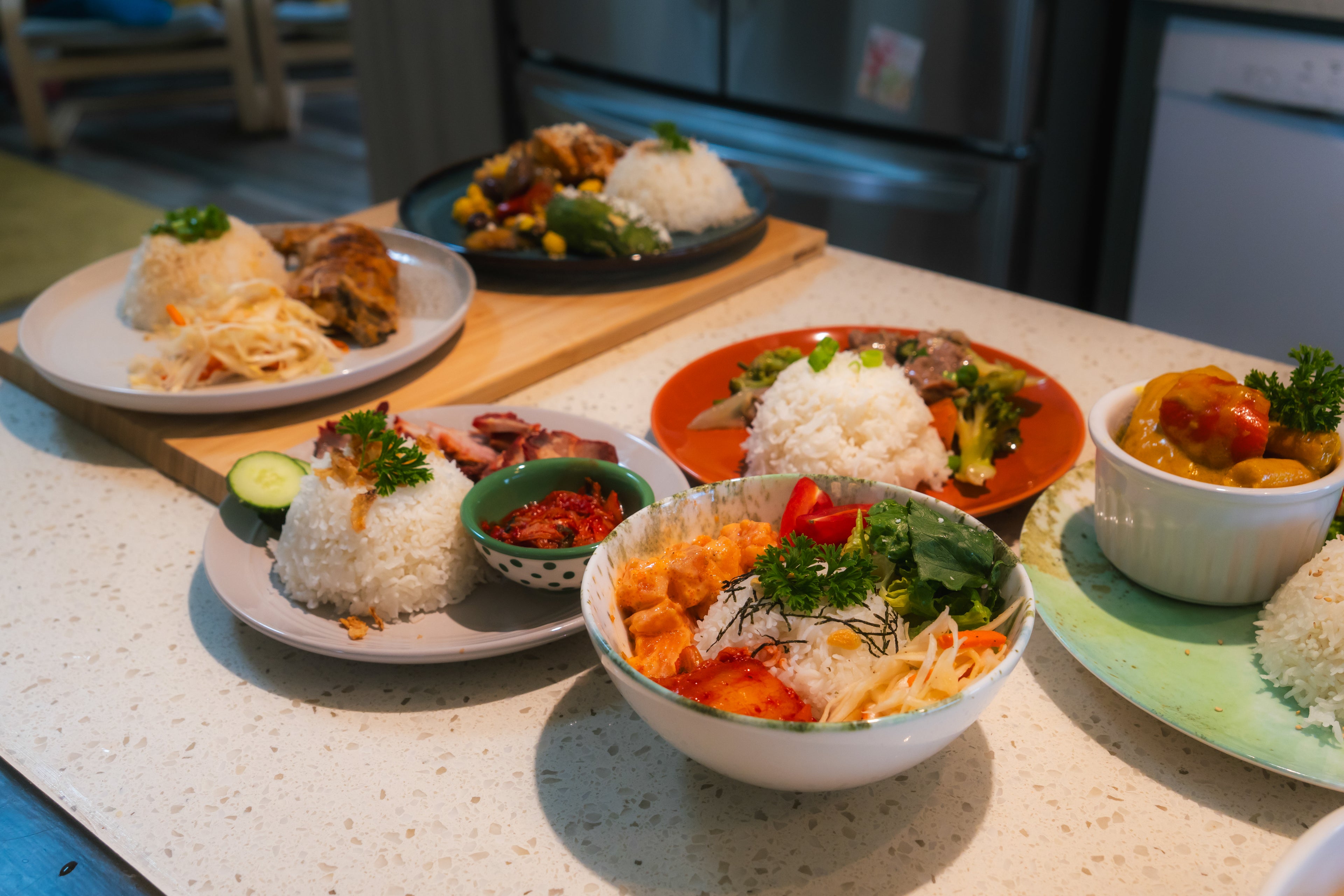 kobei rice with various asian dishes
